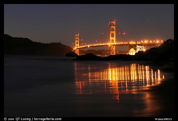 Golden Gate bridge at night from Baker Beach. San Francisco, California, USA (color)