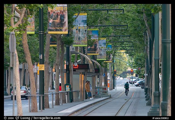 Downtown tree-lined street with tram lane. San Jose, California, USA