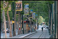 Downtown tree-lined street with tram lane. San Jose, California, USA