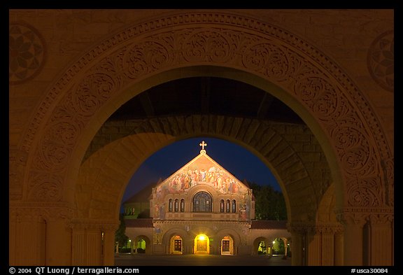 Quad and Memorial church at night. Stanford University, California, USA
