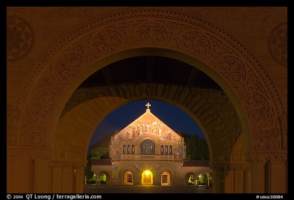 Quad and Memorial church at night. Stanford University, California, USA (color)