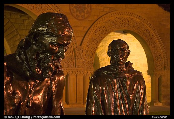 Burghers of Calais by Rodin in Quad by night. Stanford University, California, USA