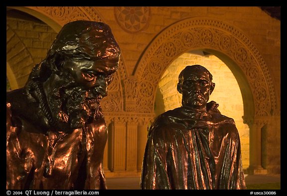 Burghers of Calais by Rodin in Quad by night. Stanford University, California, USA