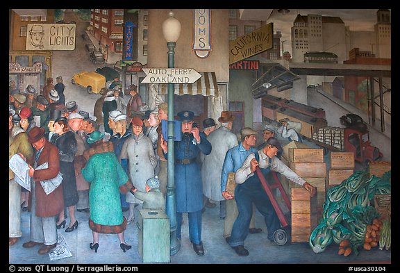 Street scene in depression-area fresco inside Coit Tower. San Francisco, California, USA (color)