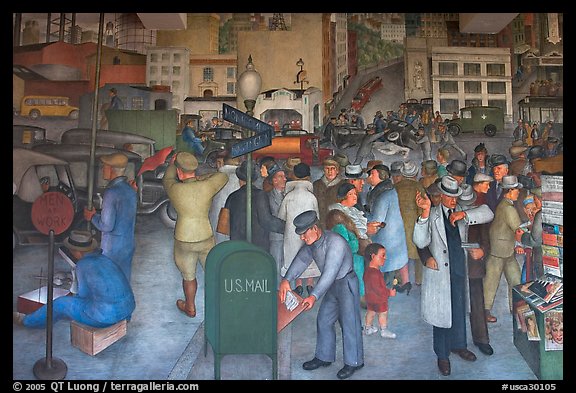 Detail of fresco showing a robbery in progress, Coit Tower. San Francisco, California, USA (color)