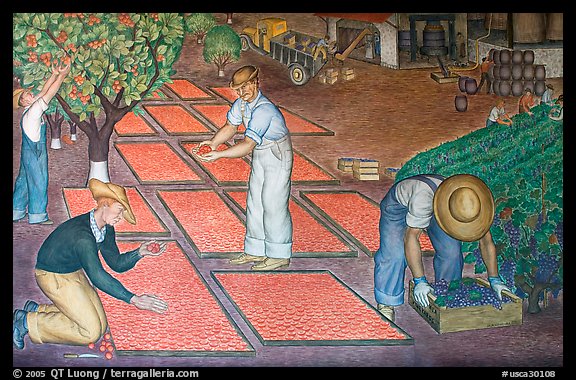 Harvest scene depicted in a fresco inside Coit Tower. San Francisco, California, USA