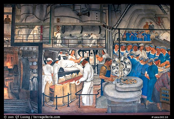 Factory workers depicted in a fresco inside Coit Tower. San Francisco, California, USA (color)