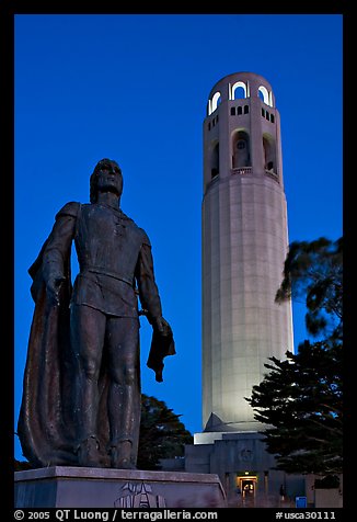 Columbus statue and Coit Tower, dusk. San Francisco, California, USA (color)