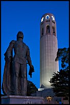 Columbus statue and Coit Tower, dusk. San Francisco, California, USA