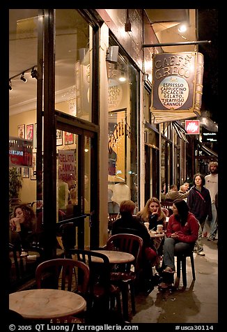 Cafe on Columbus Avenue at night, North Beach. San Francisco, California, USA