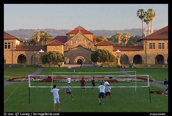 Volley-ball players in front of the Quad, late afternoon. Stanford University, California, USA