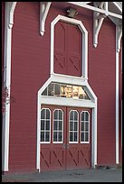 Door with sunset reflections, Red Barn. Stanford University, California, USA