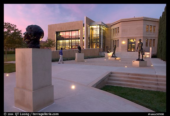 Rodin sculpture garden and Cantor Center for Visual Arts with one visitor. Stanford University, California, USA (color)