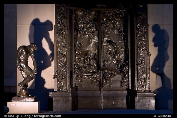 Rodin's monumental Gates of Hell at night. Stanford University, California, USA (color)