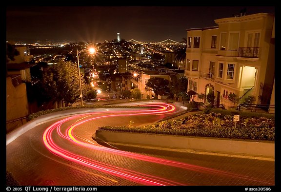 Light trails on the crooked section of Lombard Street at night. San Francisco, California, USA