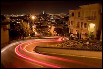 Light trails on the crooked section of Lombard Street at night. San Francisco, California, USA