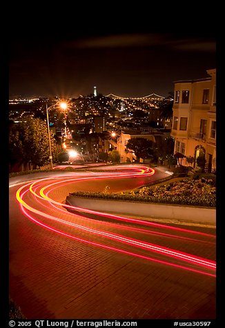 Light trails on the crooked section of Lombard Street at night. San Francisco, California, USA