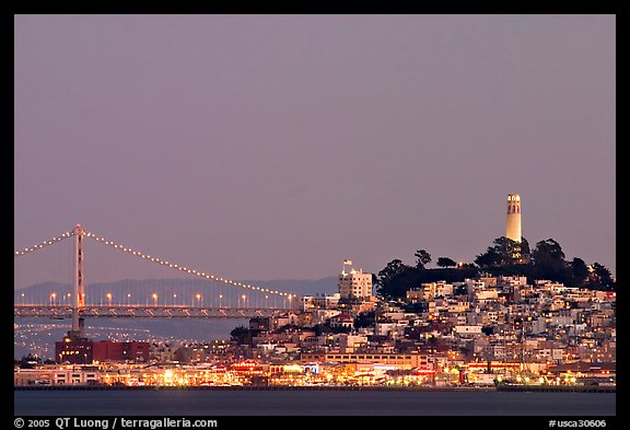 Telegraph Hill and Bay Bridge at dusk. San Francisco, California, USA