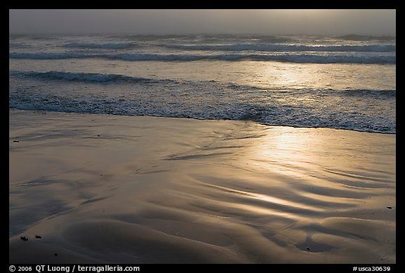 Wet sand, waves, and fog. Morro Bay, USA (color)