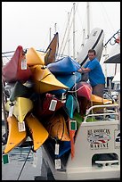 Sea Kayaks attached to a tour boat. California, USA