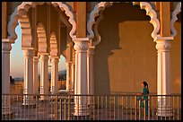 Indian girl running amongst columns of the Sikh Temple. San Jose, California, USA ( color)