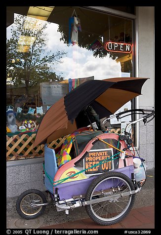 Homeless cart next to a pet store on  Santa Cruz avenue. Menlo Park,  California, USA