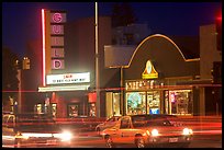 El Camino Real at night, with movie theater and Menlo Clock Works. Menlo Park,  California, USA