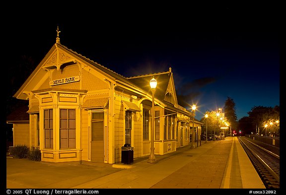 Train station (oldest in California) at night. Menlo Park,  California, USA (color)