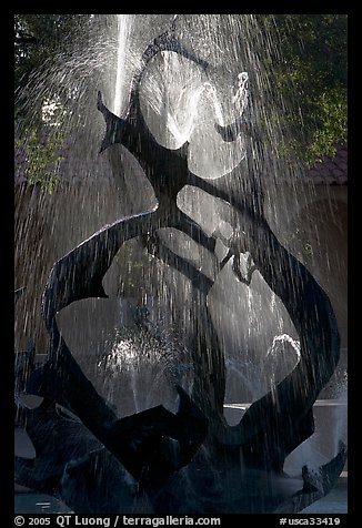 Modern fountain (The Claw) with water streaks, late afternoon. Stanford University, California, USA (color)