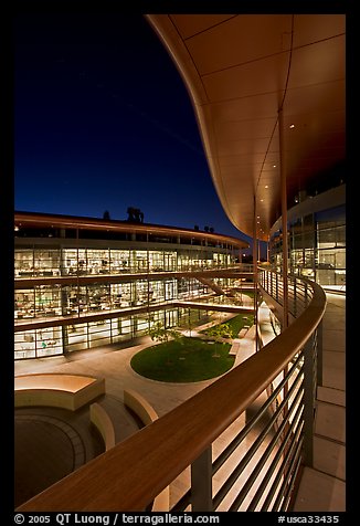 Newly constructed James Clark Center for research in biology, night. Stanford University, California, USA