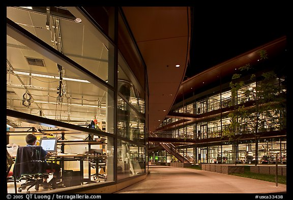 Labs at night, James Clark Center. Stanford University, California, USA