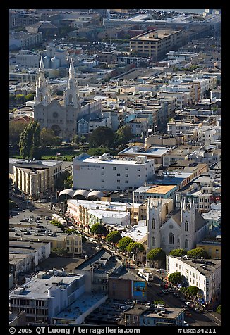 North Beach and Columbus Avenue from above, late afteroon. San Francisco, California, USA