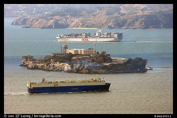 Cargo ships and Alcatraz Island in the San Francisco Bay. San Francisco, California, USA (color)
