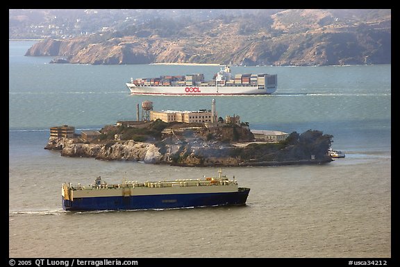 Cargo ships and Alcatraz Island in the San Francisco Bay. San Francisco, California, USA