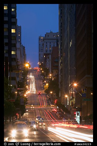 Steep street and lights at dusk. San Francisco, California, USA (color)