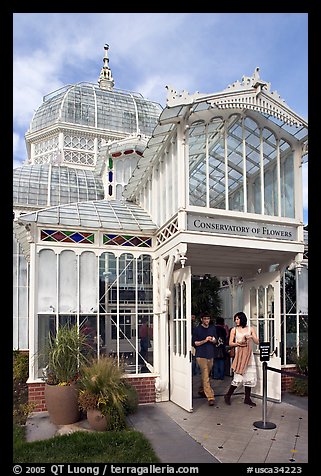 Couple exiting the Conservatory of Flowers. San Francisco, California, USA (color)