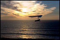 Soaring in a hang glider above the ocean at sunset,  Fort Funston. San Francisco, California, USA