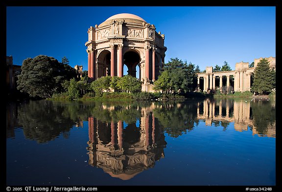 Palace of Fine Arts reflected in lagoon, morning. San Francisco, California, USA (color)