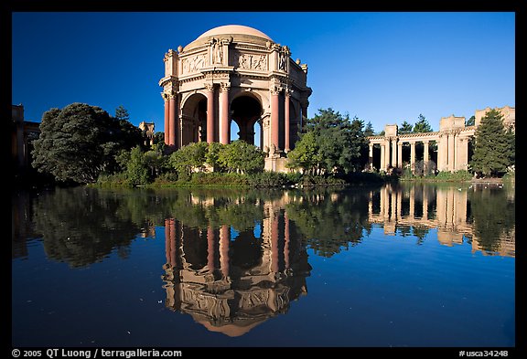 Palace of Fine Arts reflected in lagoon, morning. San Francisco, California, USA