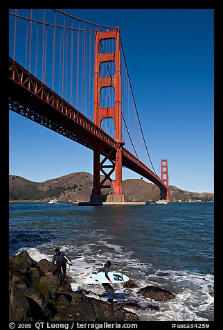 Surfers below the Golden Gate Bridge. San Francisco, California, USA (color)