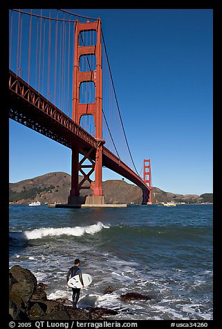 Surfer and wave below the Golden Gate Bridge. San Francisco, California, USA