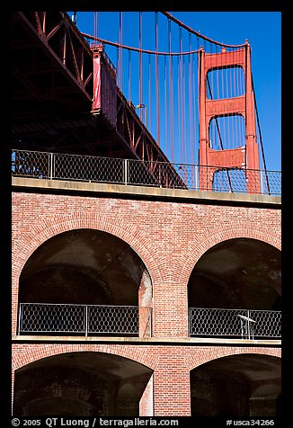 Arched galleries of Fort Point and Golden Gate Bridge pillar. San Francisco, California, USA (color)