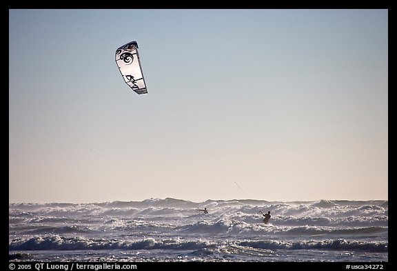 Kitesurfer in powerful waves, afternoon. San Francisco, California, USA (color)