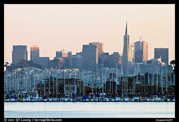 Sausalito houseboats and City skyline, sunset. San Francisco, California, USA