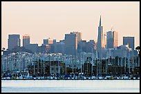 Sausalito houseboats and City skyline, sunset. San Francisco, California, USA (color)