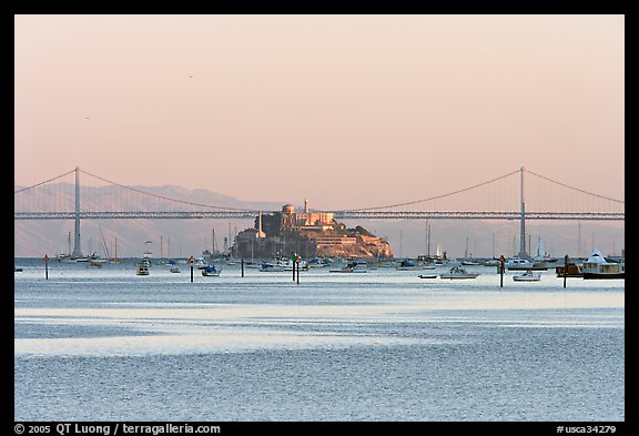 Alcatraz Island and Bay Bridge, sunset. San Francisco, California, USA (color)