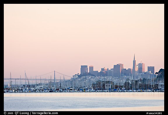 San Francisco Skyline seen from Sausalito with houseboats in background. San Francisco, California, USA (color)