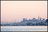 San Francisco Skyline seen from Sausalito with houseboats in background. San Francisco, California, USA