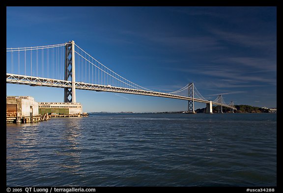 Pier, Oakland Bay Bridge, and Yerba Buena Island, early morning. San Francisco, California, USA (color)