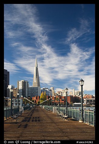 Wooden pier and Transamerica Pyramid, morning. San Francisco, California, USA (color)